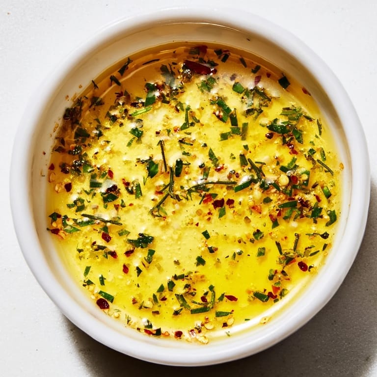 Warm Cowboy Butter Sauce drizzled over steamed broccoli and a grilled steak slice, showcasing its rich, golden color.