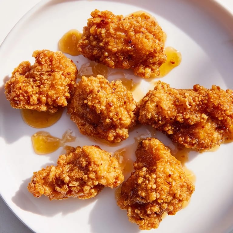 A close-up of crunchy buttermilk-battered chicken drizzled with warm honey butter, served alongside pickles and coleslaw for a Southern-inspired meal.
