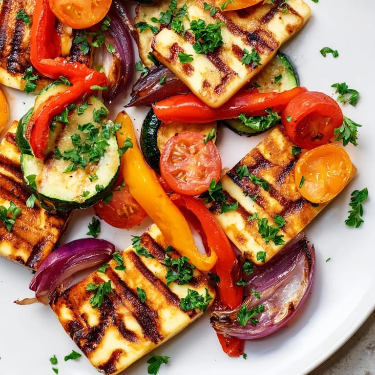Hearty Mediterranean halloumi cheese steak serving for four, with colorful cherry tomatoes and fresh herbs, plated with lemon wedges for a zesty finish.