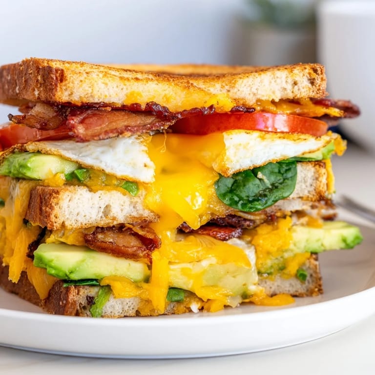Hearty Loaded Breakfast Sandwich featuring crispy bacon, fresh spinach, and ripe avocado layered on buttery toasted bread.