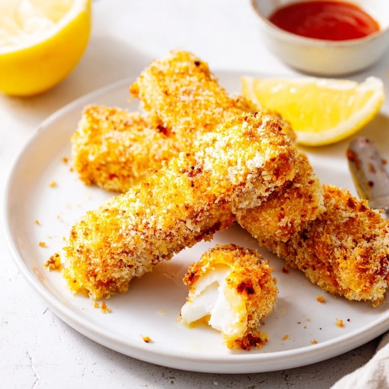 Golden, crunchy Crispy Panko Halloumi topped with fresh lemon wedges and a drizzle of hot sauce for a tangy kick.
