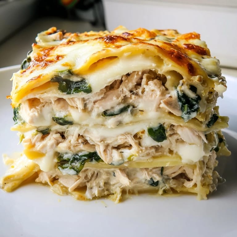 Homemade Chicken Alfredo Lasagna layered with pasta, rich Alfredo sauce, and seasoned chicken, served hot for a comforting meal.