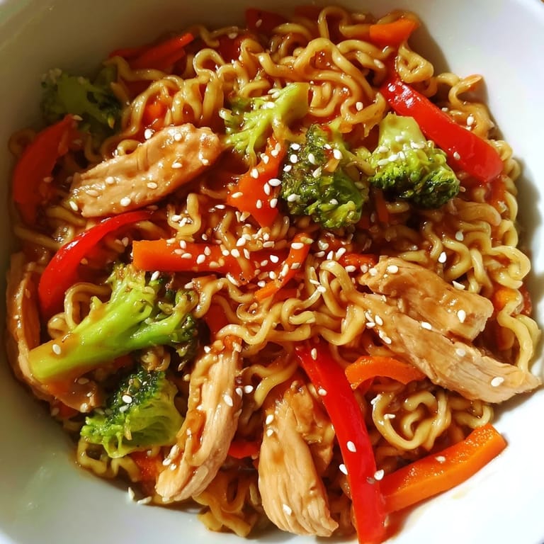 A close-up of spicy ramen stir-fry with crisp bell peppers and tender noodles, perfect for a cozy weeknight dinner.