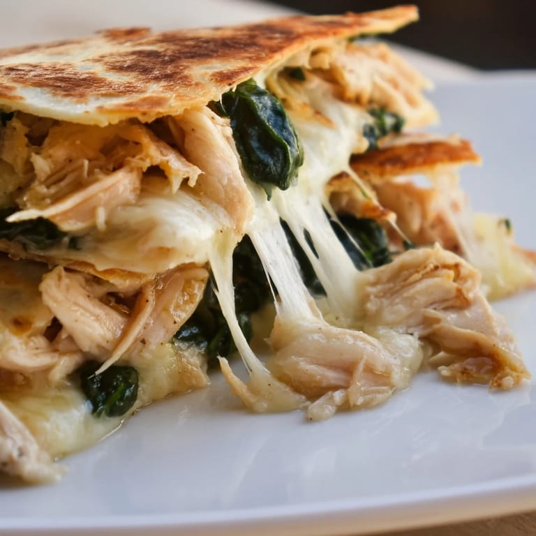 Warm Chicken and Spinach Quesadilla resting on a wooden board, steam rising from the gooey mozzarella and seasoned chicken filling.