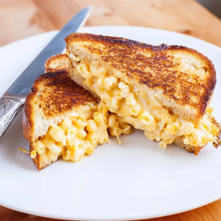 Sliced Mac & Cheese Grilled Cheese reveals creamy macaroni and cheese filling, served fresh and steaming on a rustic wooden board.  