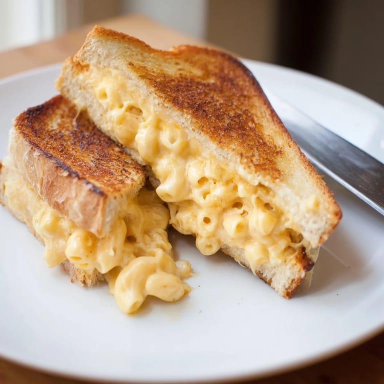Comfort food at its finest, this Mac & Cheese Grilled Cheese features crispy, golden-brown bread and rich, cheesy macaroni interior.