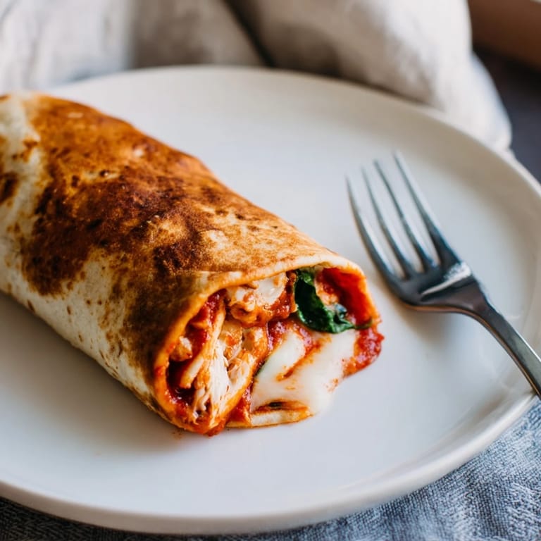 Served on a white plate, the Crispy Chicken Parm Wrap pairs with a small bowl of warm marinara for dipping.