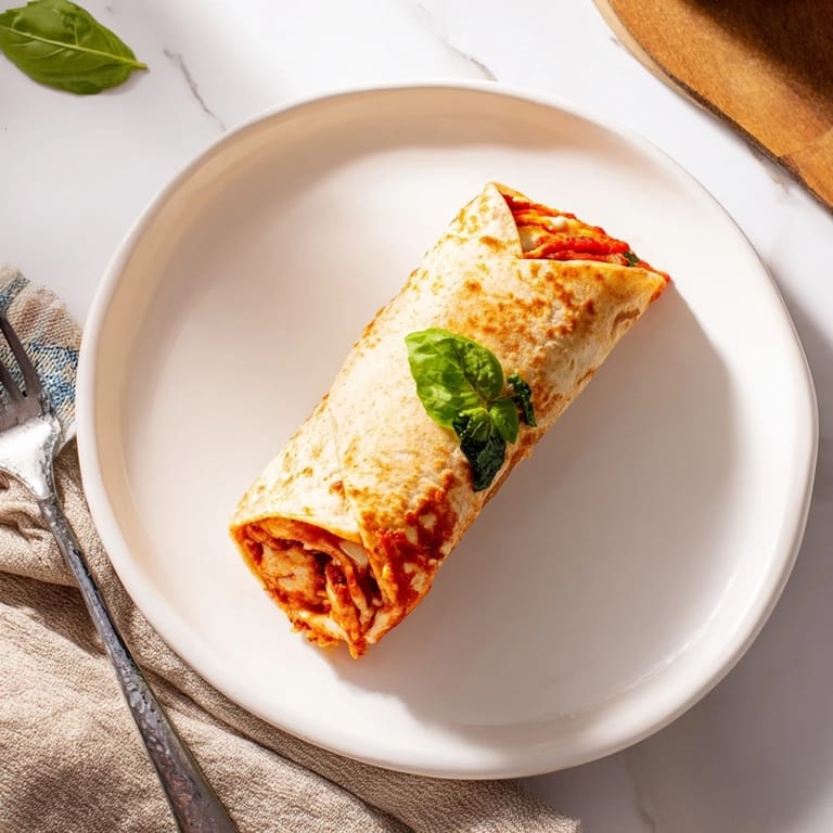 A rustic wooden board holds a Crispy Chicken Parm Wrap, with fresh basil and a fork ready for a hearty lunch.