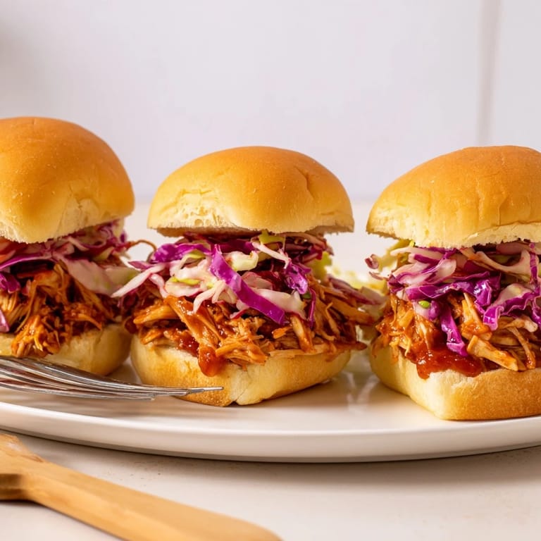 Close-up of juicy BBQ chicken sliders with tangy slaw on buttery, soft buns, perfect for a casual dinner.  
