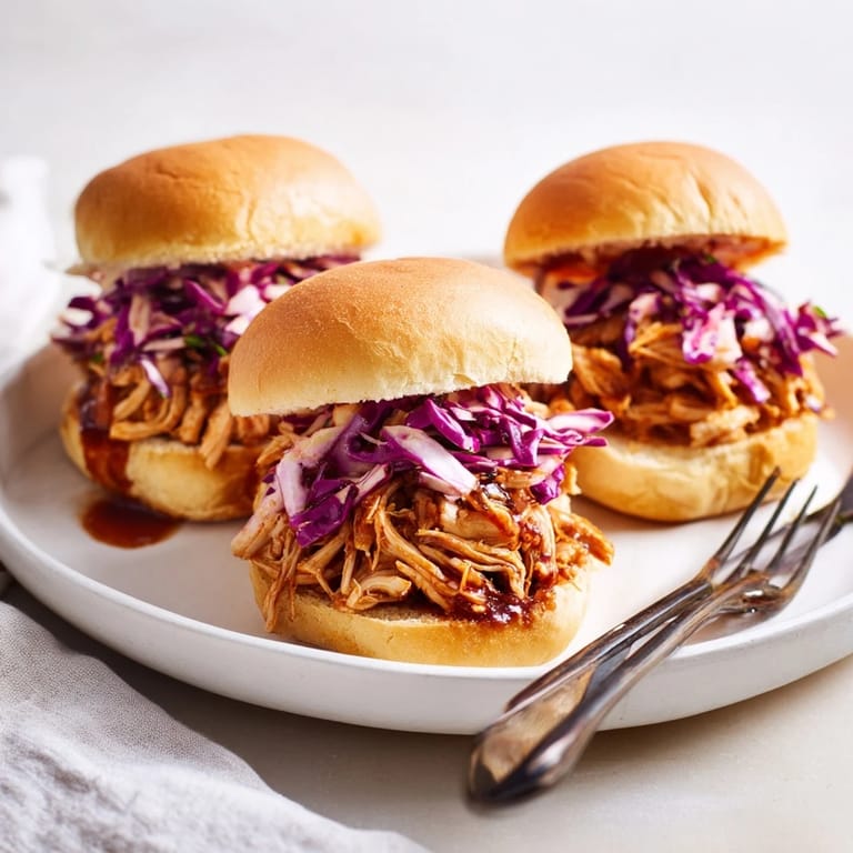 Savory BBQ chicken sliders on a platter, featuring shredded meat and creamy slaw piled high on mini buns.