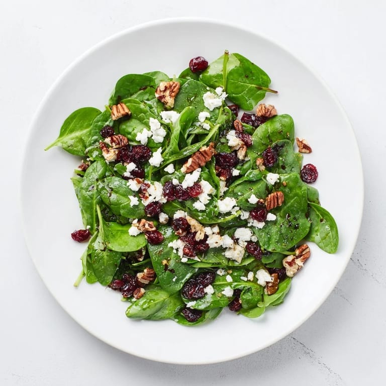 Spinach Goat Cheese Salad drizzled with homemade balsamic vinaigrette, featuring tender greens, tangy goat cheese, and candied pecans for a flavorful starter.