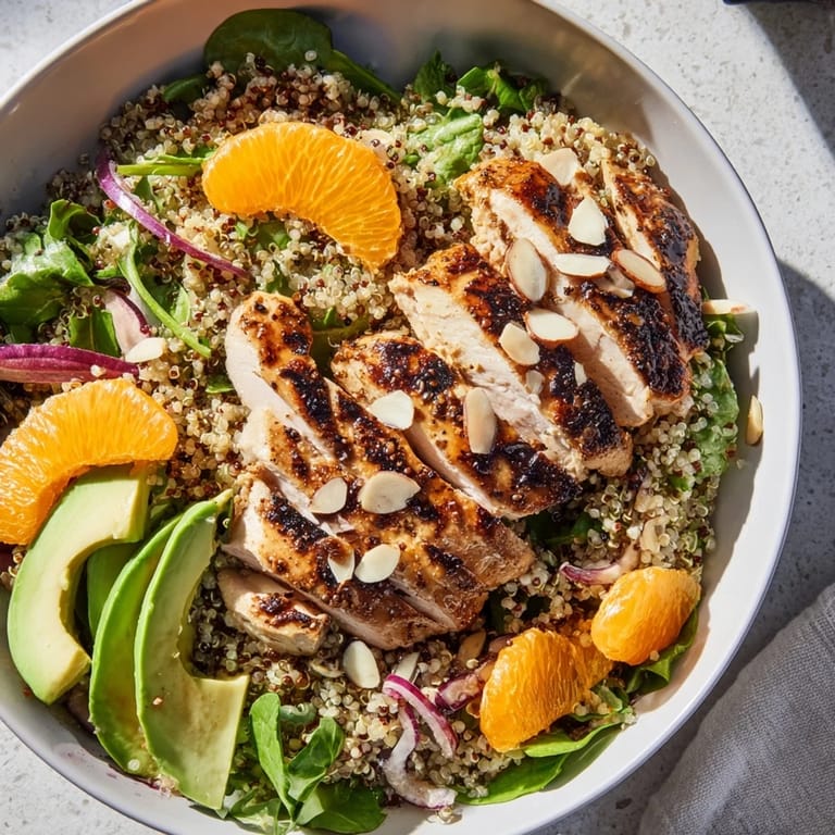 The Citrus Herb Chicken Salad Bowl features fluffy quinoa, fresh greens, and crunchy toasted almonds.