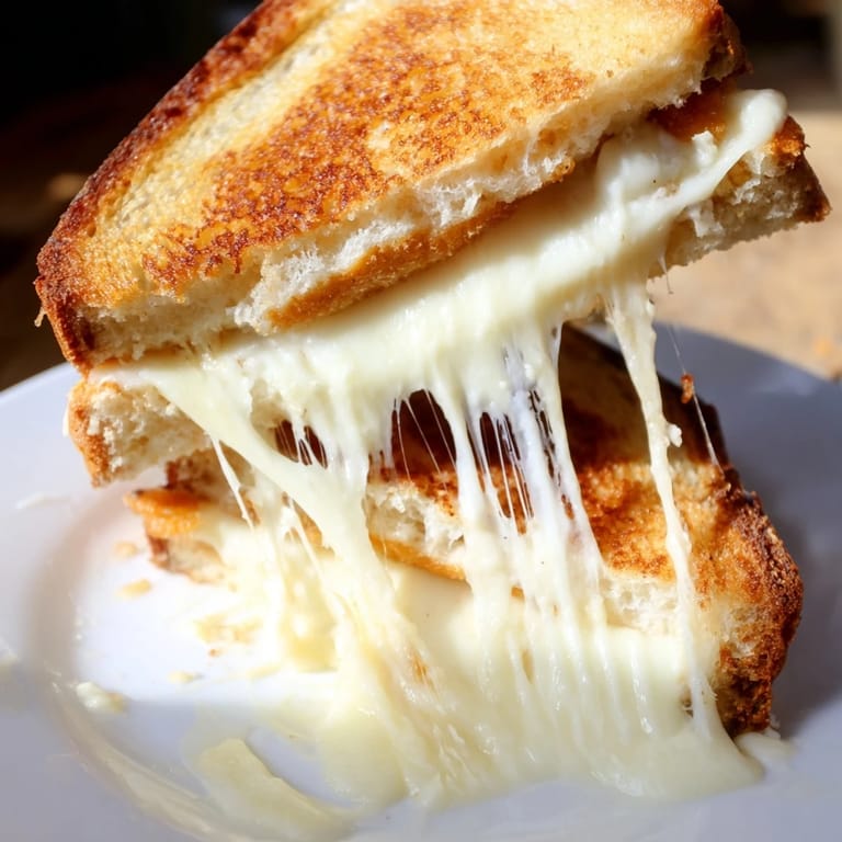 Two halves of a mozzarella stick grilled cheese reveal gooey, melty cheese pull and crispy mozzarella sticks, served with red marinara dip.