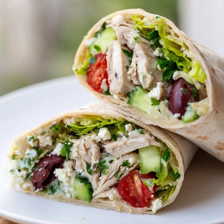 A handheld Greek Lemon Chicken Salad Wrap stuffed with tender lemon-herb chicken, colorful Greek salad, and shredded romaine, perfect for a light lunch.
