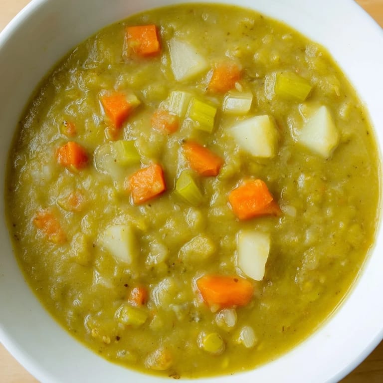 Hearty Split Pea Soup simmering in a pot with diced carrots, celery, and a bay leaf, ready to be served.  