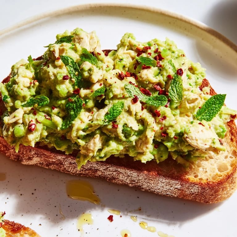 Hearty Smashed Pea & Chicken Toast on rustic sourdough with creamy pea mash.