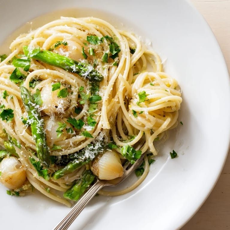 Plated Roasted Garlic & Asparagus Pasta garnished with fresh parsley, lemon zest, and shaved Parmesan, steam rising from the tender spring vegetables.