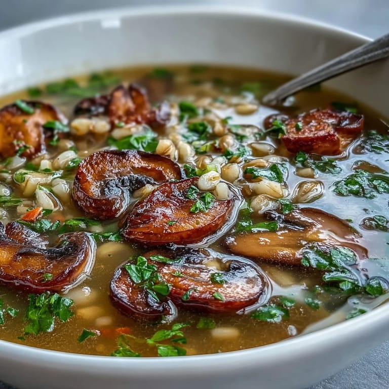 Spoon lifting a serving of Mushroom and Barley Soup, revealing chunks of carrots, celery, and earthy mushrooms in a thick broth.