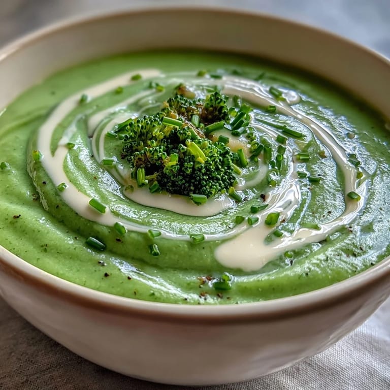 Creamy broccoli soup in a rustic bowl, garnished with chives and a drizzle of rich cream.