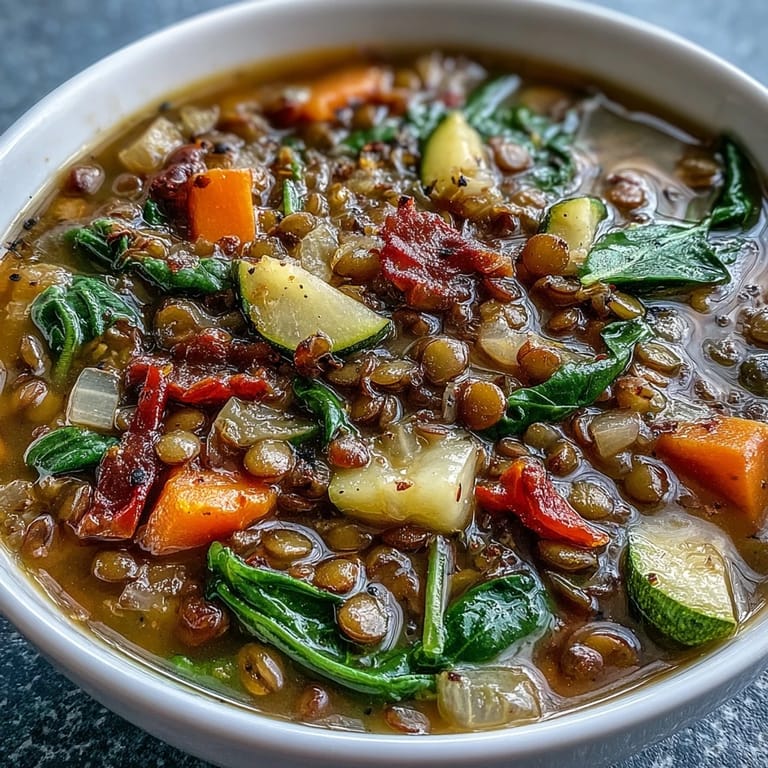 Hearty Lentil and Vegetable Soup steaming in a rustic pot, with fresh parsley and lemon wedges ready to garnish.