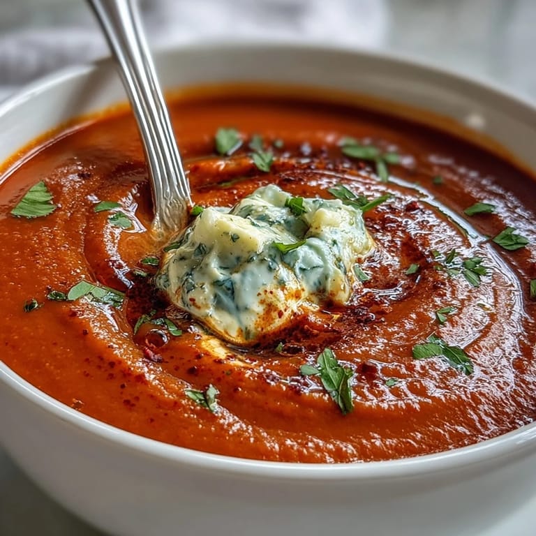 Silky roasted red pepper soup, garnished with herbs and crème fraîche, offers gentle heat from harissa in each spoonful.  