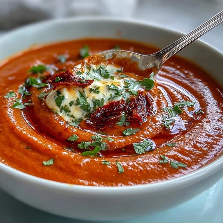 A comforting bowl of roasted red pepper soup, pureed smooth and paired with crusty bread for a hearty Mediterranean meal.