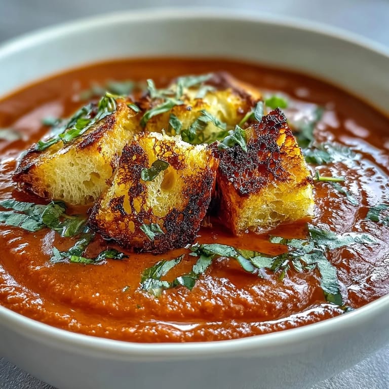 A top-down view of roasted tomato soup topped with golden croutons and a drizzle of olive oil. 