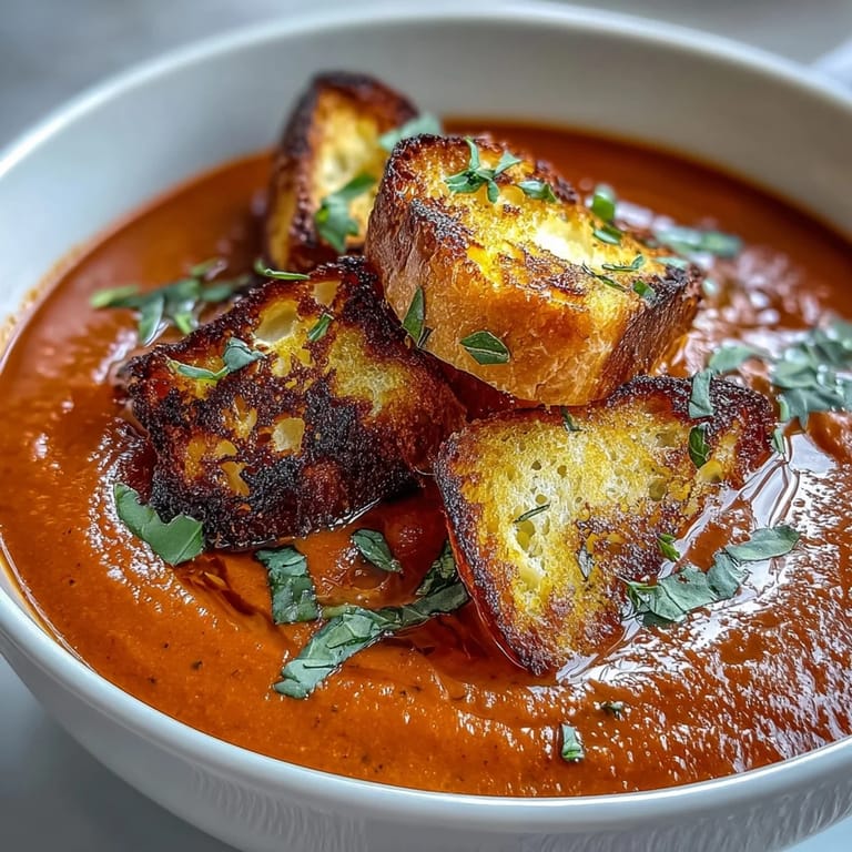 Close-up of a spoon dipping into velvety roasted tomato soup with crunchy, garlic-seasoned croutons.
