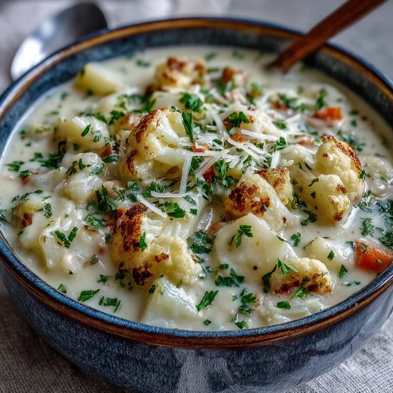 Close-up of Vegetarian Cauliflower Chowder with a creamy texture and chopped parsley, ready to enjoy with crusty bread.