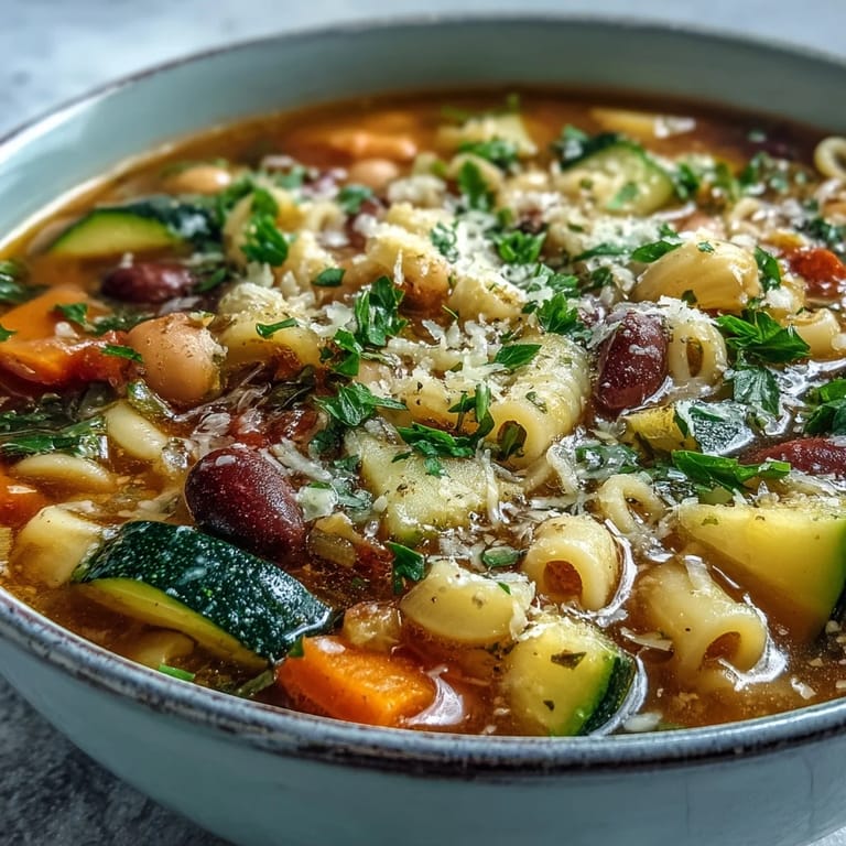 Steaming bowl of homemade Minestrone Vegetable Soup, featuring diced carrots, zucchini, and cannellini beans in a rich tomato-based broth.  