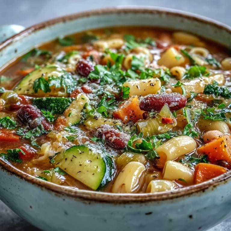 Hearty Minestrone Vegetable Soup served in a ceramic bowl, with crusty bread and Parmesan cheese on the side for dipping.