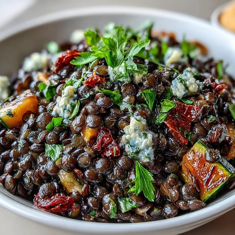 Brightly colored Black Lentil Salad with feta and toasted seeds on a rustic plate.