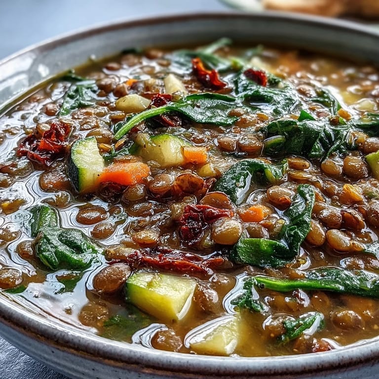 Savory Lentil Soup simmering in a pot with visible diced zucchini and spices, ready for a cozy main dish.