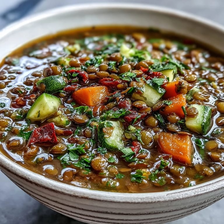 Close-up of roasted carrots, celery, and cherry tomatoes simmering in the lentil and vegetable soup, glowing with rich autumn hues.