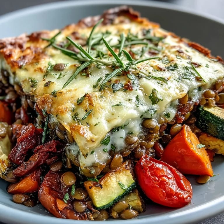 Close-up of the Green Lentil and Vegetable Casserole highlighting golden cheese, fresh spinach, and tender vegetables.  