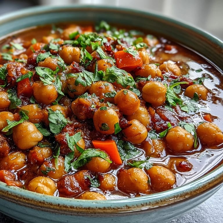 A close-up view of Spicy Chickpea Stew revealing its thick, textured consistency and the warm, inviting colors of the hearty plant-based ingredients.
