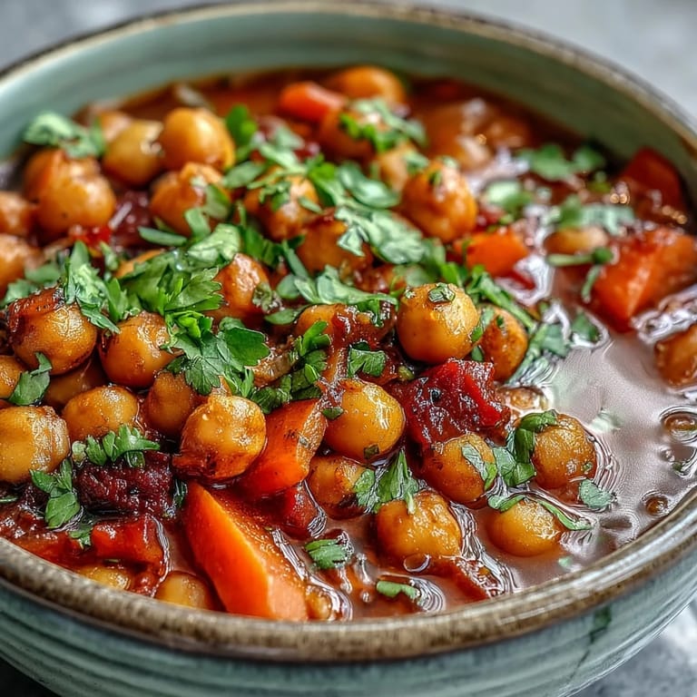 Spicy Chickpea Stew simmering in a rustic pot, showcasing tender chickpeas and vibrant diced vegetables in a rich, aromatic tomato broth.