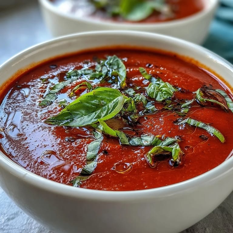 Silky, smooth tomato and basil soup with a rich red hue, perfect for a comforting vegetarian meal.