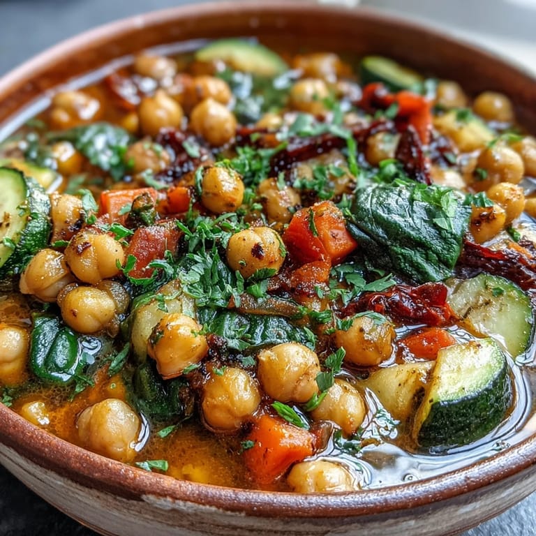 Vibrant Chickpea Stew in a rustic bowl, topped with lemon wedges and parsley, ready for a wholesome vegan dinner.