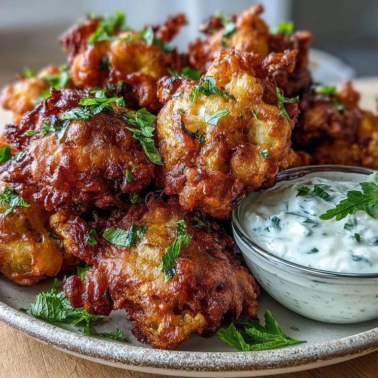A plate of gluten-free cauliflower bhajis, garnished with fresh cilantro, ready to enjoy as an appetizer.