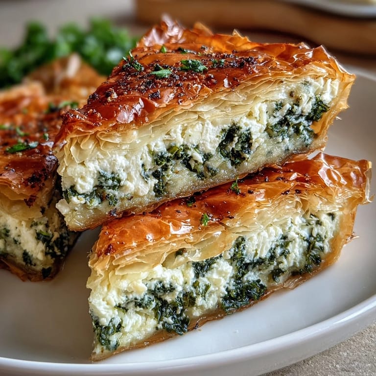 Golden brown Feta and Kale Börek tart brushed with olive oil, cut to reveal cheesy kale interior.