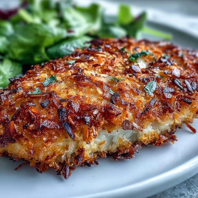 Close-up of juicy almond-crusted chicken with a crunchy coating, paired with a zesty kale and sumac salad garnished with parsley.