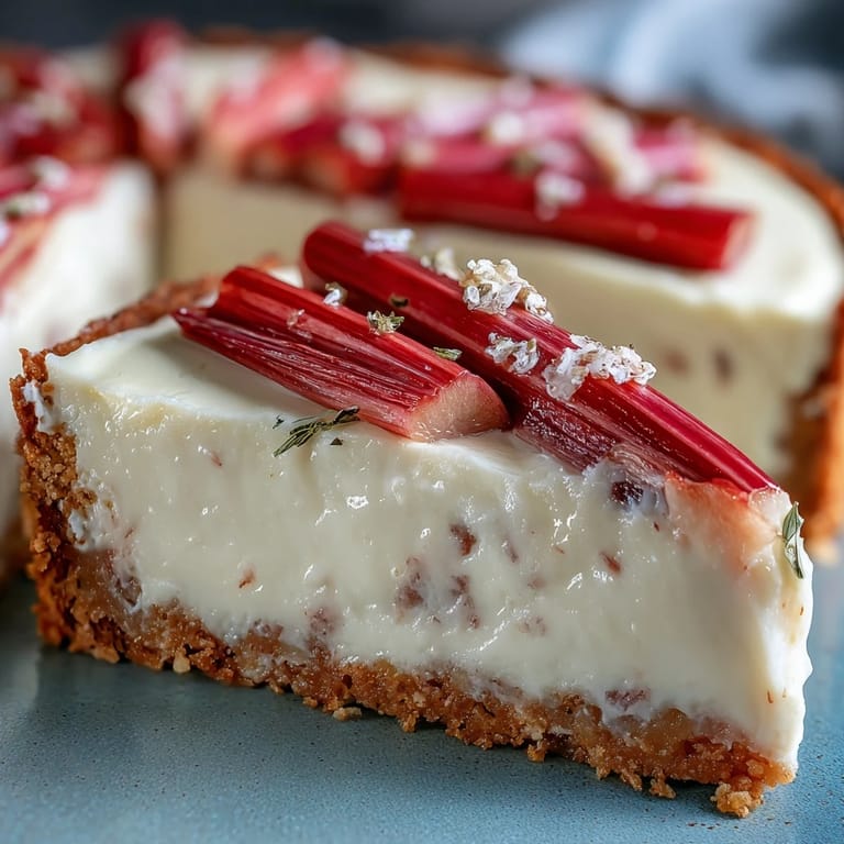 A close-up of a Rhubarb, White Chocolate, and Elderflower Tart, highlighting glossy pink rhubarb stalks against rich white chocolate filling.