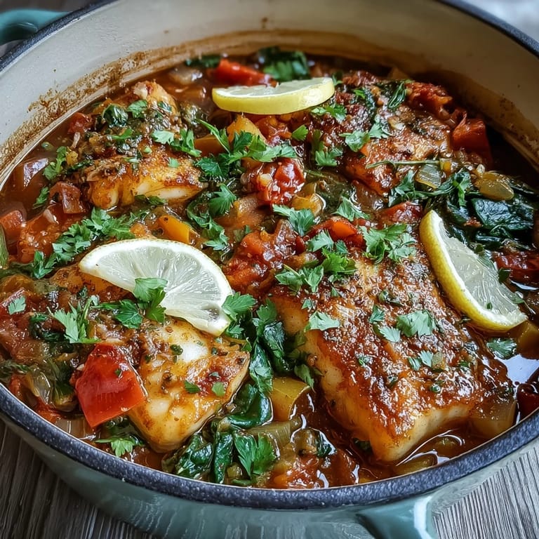 Colorful bowl of Spiced Cod One Pot, fork tender fish with aromatics, perfect with crusty bread for dipping.