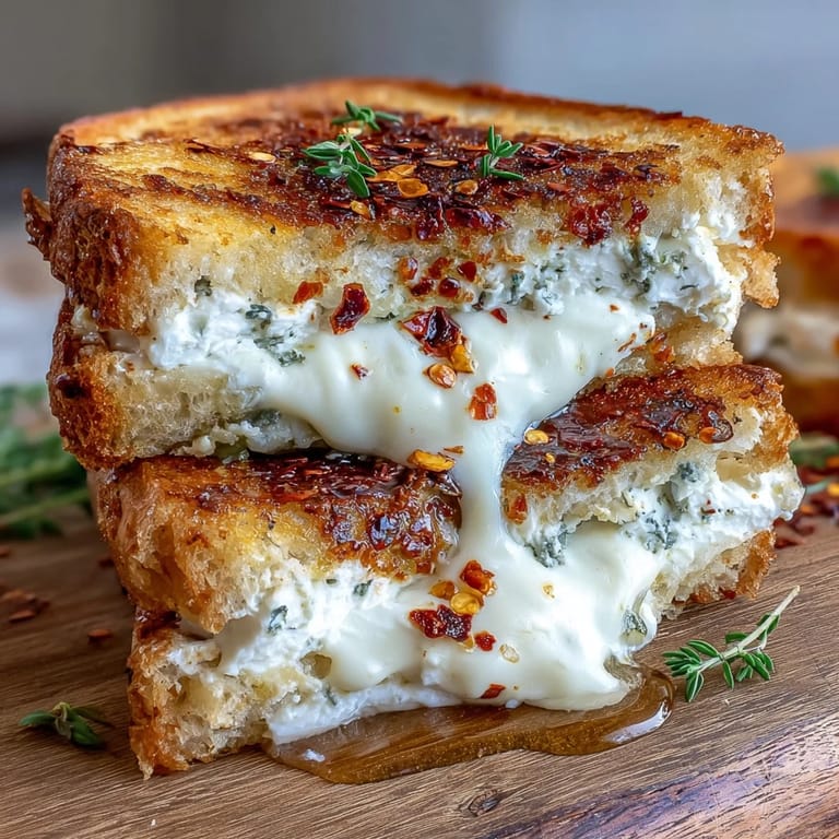 Up close view of a warm Goat Cheese Grilled Cheese with Honey & Chili Flakes, highlighting the melted cheese texture and sweet honey drizzle.