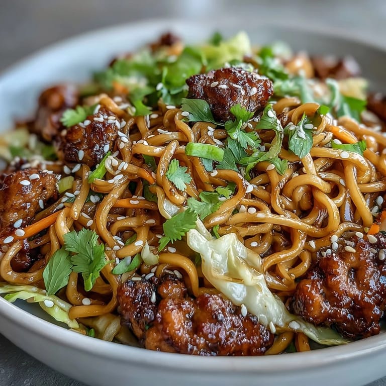Served with lime wedges, this comforting potsticker noodle bowl is garnished with fresh cilantro and toasted sesame seeds for a vibrant finish.