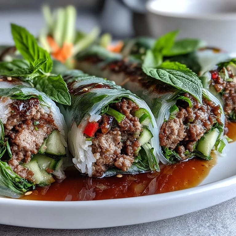 Appetizer platter of vibrant Thai Basil Beef Rolls with lime wedges and a bowl of spicy dipping sauce.