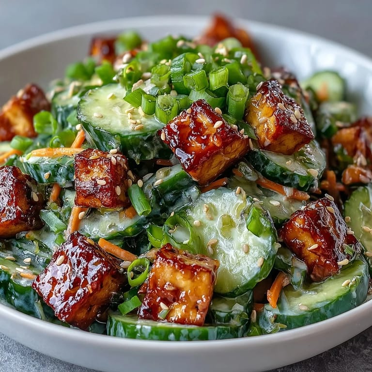 Sliced cucumbers and crunchy carrots tossed in a creamy dressing, topped with golden tofu for a delicious Creamy Asian Cucumber Salad.