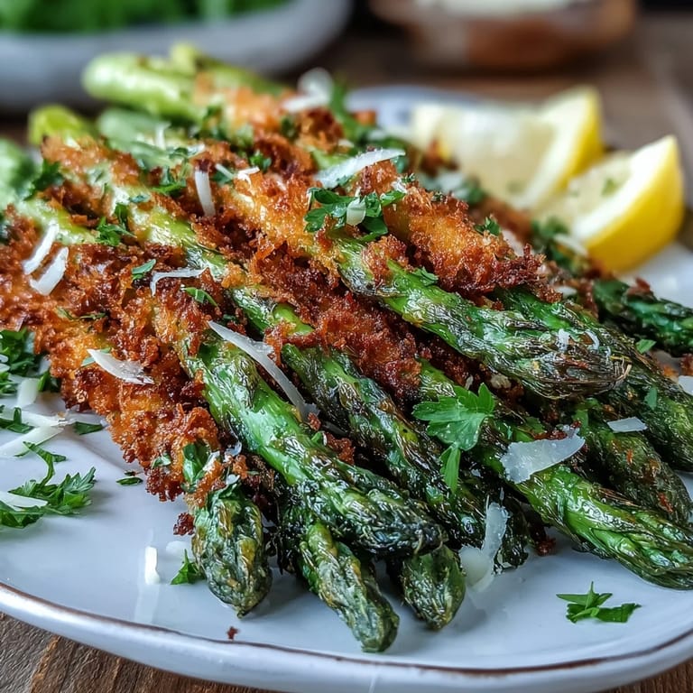 Sizzling Crispy Asparagus Asiago Spears fresh from the oven, garnished with chives and red pepper flakes for serving.