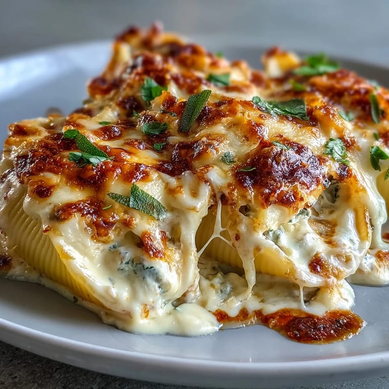 Sage-scented brown butter Alfredo sauce coats each shell, garnished with crispy sage leaves.